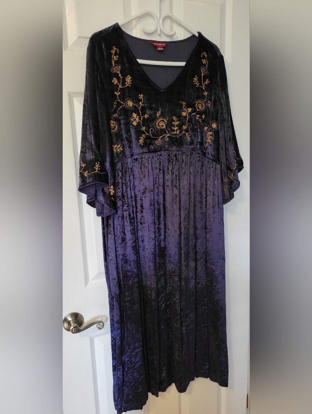 April Cornell Purple Velvet Maxi Dress with Gold Embroidery
